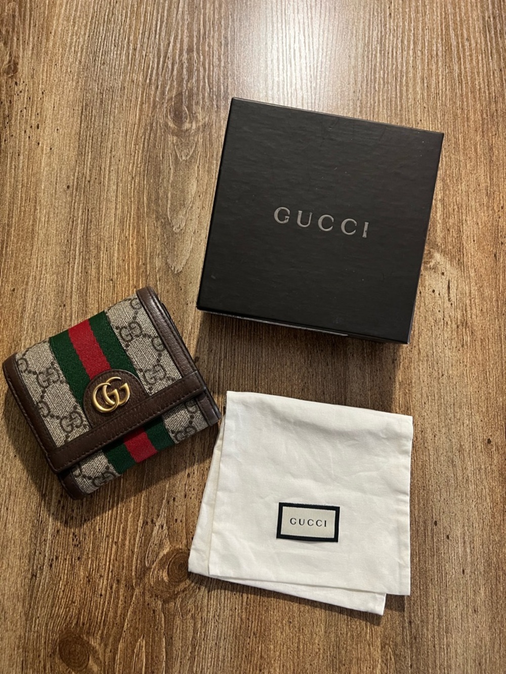 Gucci GG Supreme Compact Wallet in Brown with Green and Red Web BIFOLD